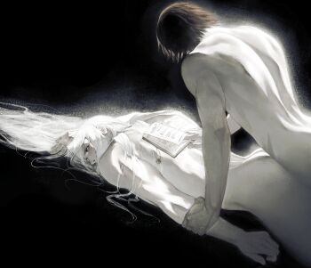 2boys absurdres ass black_background book brown_hair crisis_core_final_fantasy_vii final_fantasy final_fantasy_vii genesis_rhapsodos hand_in_own_hair highres holding_another&#039;s_arm long_hair male_focus multiple_boys nude open_book parted_bangs reading sephiroth short_hair shyuuwei turning_page white_hair yaoi
