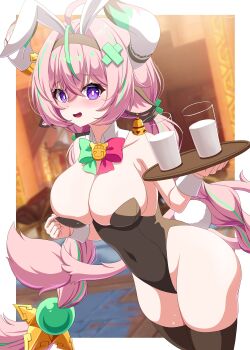 1girl absurdres alternate_costume animal_ears aqua_streaks bare_shoulders bell black_hairband black_thighhighs blush bow bowtie breasts cleavage collar collarbone commentary_request covered_navel cow_ears cow_horns cow_tail cowbell cup detached_collar drinking_glass ear_bell fake_animal_ears fuyunash1 genshin_impact hair_bow hairband hands_up highleg highleg_leotard highres holding holding_tray horns large_breasts leaning_forward leotard long_hair looking_at_viewer milk multicolored_hair open_mouth pink_hair purple_eyes rabbit_ears solo strapless strapless_leotard streaked_hair tail thighhighs tray varesa_(genshin_impact) very_long_hair white_collar white_wrist_cuffs wrist_cuffs