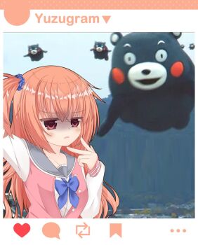 Rule 34 | 1girl, blue scrunchie, blush, commentary request, d:, frown, grey sailor collar, hair between eyes, hair ornament, hair scrunchie, hand up, heart, inaba meguru, jacket, jitome, letterman jacket, long hair, looking at viewer, misu t (ccc), one side up, open mouth, orange hair, photo background, pink jacket, red eyes, sailor collar, sanoba witch, school uniform, scrunchie, selfie, serafuku, sleeves past wrists, solo, upper body, v, v-shaped eyebrows, very long hair, white sleeves