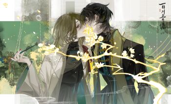 Rule 34 | 2boys, absurdres, akechi gorou, alternate costume, amamiya ren, aqua jacket, baicumikuo, bamboo screen, bead curtain, black hair, black robe, border, branch, brown hair, changpao, chinese clothes, chinese commentary, chinese text, closed eyes, covered mouth, eyewear strap, falling petals, flower, glasses, green scarf, hair over shoulder, hair ribbon, hanging scroll, highres, holding, holding smoking pipe, implied kiss, ink stain, jacket, kuomintang, long hair, long sleeves, looking at viewer, low ponytail, male focus, multiple boys, nail polish, neck tattoo, official alternate hair length, official alternate hairstyle, open clothes, open jacket, outside border, persona, persona 5, petals, ponytail, profile, red eyes, red nails, red ribbon, ribbon, robe, scarf, scroll, seal impression, short hair, sideways glance, smoke, smoking pipe, stole, tassel, tattoo, turtleneck, two-sided fabric, two-sided jacket, upper body, white border, white jacket, yaoi