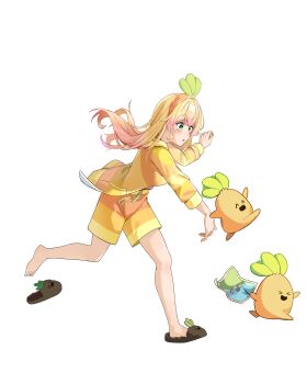 >_< 1girl ^_^ absurdres barefoot blonde_hair brown_shoes closed_eyes commentary_request crying feet floating_hair full_body gradient_hair green_eyes hairband highres holding holding_hands holding_map hololive jumping long_hair looking_at_another map momosuzu_nene multicolored_hair nekko_(momosuzu_nene) official_alternate_costume official_alternate_hairstyle orange_hairband orange_pajamas pajamas pink_hair running shoes sidelocks simple_background slippers soredmaru toes virtual_youtuber white_background