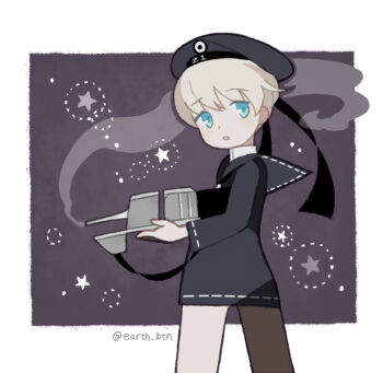 1girl blue_eyes border commentary_request cowboy_shot dress hat kantai_collection long_sleeves looking_at_viewer open_mouth reverse_trap sailor_dress sailor_hat short_hair smoke smoke_trail solo tanba_(tanba-art) twitter_username white_border z1_leberecht_maass_(kancolle)