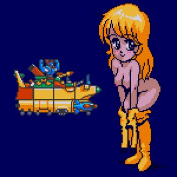 1girl ass battleship bent_over blonde_hair blue_background blush bodysuit breasts brown_eyes large_breasts long_hair looking_at_viewer mecha military military_vehicle mori_yuki nipples pixel_art robot saiwai_hiroshi ship smile spaceship standing uchuu_senkan_yamato undressing warship watercraft yamato_(uchuu_senkan_yamato) yellow_bodysuit