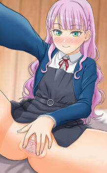 Rule 34 | 1girl, bar censor, blue jacket, blush, censored, dress, embarrassed, eno tato, green eyes, grey dress, indoors, jacket, long hair, love live!, love live! superstar!!, neck ribbon, purple hair, pussy, red ribbon, ribbon, school uniform, selfie, shirt, solo, spread pussy, white shirt, wien margarete, yuigaoka school uniform