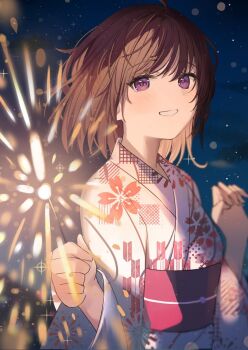 1girl aroa_(aroamoyasi) blush breasts brown_hair fireworks floral_print floral_print_kimono hair_between_eyes highres holding holding_fireworks japanese_clothes kimono long_sleeves looking_at_viewer night obi original outdoors print_kimono purple_eyes sash short_hair smile solo upper_body yukata