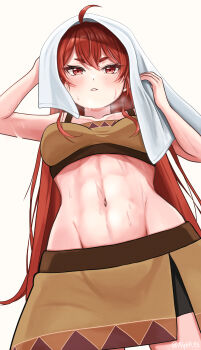 1girl alternate_costume arms_up artist_name bike_shorts blush breasts eris_greyrat from_below half-closed_eyes highres legs long_hair looking_at_viewer medium_breasts midriff mushoku_tensei navel parted_lips red_eyes red_hair seductive_gaze sweat tank_top teeth thighs toned towel towel_on_head
