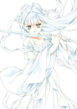 Rule 34 | 1girl, chinese clothes, green eyes, hair ribbon, hanfu, highres, holding, holding sword, holding weapon, jiaoling ruqun, long hair, looking at viewer, non-web source, original, ribbon, solo, sword, tears, weapon, white background, white hair, wide sleeves, zhaoye mimi