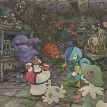 amoonguss animal_focus breloom closed_eyes closed_mouth drizzile evolutionary_line foongus frog gen_1_pokemon gen_3_pokemon gen_5_pokemon gen_7_pokemon gen_8_pokemon highres holding holding_notebook indoors morelull muk mushroom nintendo no_humans notebook open_mouth parasect plant pokemon pokemon_(creature) pokemon_focus shroomish sleeping smile toedscool toedscruel tora_(tsmc5353) trash trubbish