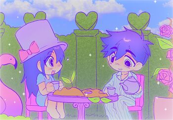 1boy 1girl antenna_hair aubrey_(headspace)_(omori) aubrey_(omori) blue_shirt blue_sky blush bow chair chibi chibi_only cloud collarbone cup day double-parted_bangs flower hair_between_eyes hat hat_bow hedge hero_(headspace)_(omori) hero_(omori) highres holding holding_cup holding_teapot long_hair long_shirt looking_at_another lyuz_(justtoseemeplea) mask omori open_mouth outdoors pajamas pants parted_lips pink_bow pink_flower pink_rose purple_eyes purple_hair purple_hat rose shirt short_hair short_sleeves sitting sky smile sparkle striped_clothes striped_pajamas striped_pants t-shirt table teacup teapot teeth unworn_mask upper_teeth_only vertical-striped_clothes vertical-striped_pajamas vertical-striped_pants
