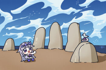 1girl 1other bing_huyue bird blue_sky chest_jewel chibi figure highres hololive hololive_english koseki_bijou koseki_bijou_(1st_costume) pebble_(koseki_bijou) purple_eyes purple_hair seagull simple_bird sky the_fingers_of_punta_del_este uruguay virtual_youtuber