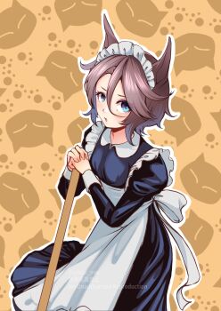 1girl alternate_costume animal_ears apron black_dress blue_eyes blush broom brown_hair commentary_request dress hair_between_eyes highres holding holding_broom horse_ears horse_girl long_sleeves looking_at_viewer maid maid_apron maid_headdress narita_taishin_(umamusume) no_tail parted_lips short_hair solo umamusume white_apron youai_you