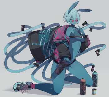 1girl abs animal_ears bare_shoulders blue_eyes blue_skin bob_cut bottle breasts colored_skin cup drinking_glass glasses hair_between_eyes highres holding jacket jewelry long_sleeves looking_at_viewer looking_over_eyewear looking_over_glasses nail_polish navel navel_piercing no_legwear open_clothes original piercing rabbit_ears red-tinted_eyewear red-tinted_glasses ring shoes short_hair simple_background sneakers socks sunglasses tagme tentacles thighs tinted_eyewear ub1mo