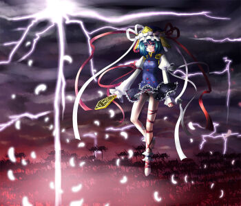 1girl ankle_garter bad_id bad_pixiv_id barefoot female_focus flower green_eyes green_hair hat leg_ribbon lightning matching_hair/eyes mikazuki_sara nature outdoors petals red_flower ribbon rod_of_remorse shiki_eiki short_hair sky solo spider_lily touhou