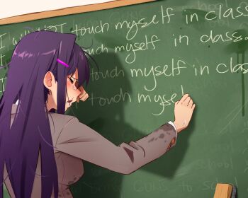 1girl absurdres board_eraser chalk chalkboard closed_eyes crying doki_doki_literature_club doki_doki_literature_club_school_uniform english_text from_behind hair_intakes hair_ornament hairclip highres holding holding_chalk implied_after_masturbation indoors khyle. long_hair long_sleeves purple_hair school_uniform shadow shirt solo standing wet wet_clothes wet_shirt wet_sleeves yuri_(doki_doki_literature_club)