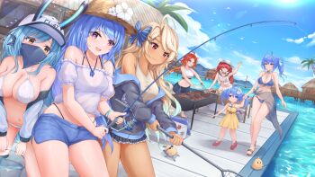 Rule 34 | absurdres, azur lane, bare shoulders, baseball cap, blonde hair, blue hair, blue sky, boise (azur lane), bow, breasts, brooklyn (azur lane), bucket, cloud, cooking, fishing rod, food, grilling, hair bow, happy, hat, helena (azur lane), highres, holding, holding bucket, honolulu (azur lane), jacket, jewelry, kyl490, large breasts, lena (azur lane), long hair, mask, mouth mask, multiple girls, necklace, open clothes, open jacket, open mouth, phoenix (azur lane), purple eyes, red eyes, red hair, short hair, short shorts, shorts, sky, smile, st. louis (azur lane), straight hair, swimsuit, twintails, very long hair, water, yellow eyes