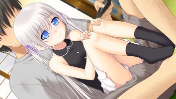 1boy 1girl age_difference black_hair black_legwear blush bulge closed_mouth controller crotch crotch_rub dutch_angle eyebrows game_cg hair_ornament hair_ribbon highres holding indoors komako_semenovich loli long_hair long_twintails nonohara_miki official_art panties pantyshot remote_control ribbon shoujo_ramune sitting sitting_on_lap sitting_on_person socks twintails underwear