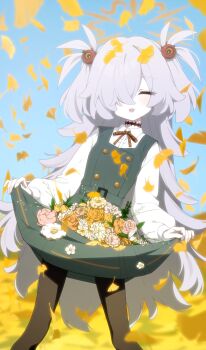 1girl bags_under_eyes black_pantyhose blue_archive brown_halo closed_eyes clothes_lift diagonal-striped_ribbon dress flower ginkgo_leaf gulim hair_over_one_eye halo highres kanoe_(blue_archive) leaf lifting_own_clothes long_hair mojyo orange_halo pantyhose petals pinafore_dress scar scar_on_neck skirt skirt_basket skirt_hold sleeveless sleeveless_dress smile solo two_side_up