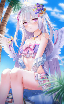 1girl absurdres ahoge azusa_(blue_archive) azusa_(swimsuit)_(blue_archive) bare_legs between_legs bikini bikini_skirt blue_archive blue_sky clenched_teeth closed_mouth cloud commentary_request dappled_sunlight detached_sleeves flower food-themed_hair_ornament hair_between_eyes hair_flower hair_ornament hand_between_own_legs highres jewelry layered_skirt li_se long_hair looking_at_viewer navel necklace official_alternate_costume outdoors pink_eyes purple_bikini purple_flower ruffle_bikini sitting skirt sky solo strapless strapless_bikini striped_clothes striped_skirt sunlight swimsuit teeth thighs vertical-striped_clothes vertical-striped_skirt very_long_hair watermelon_hair_ornament white_hair white_skirt white_wings wings