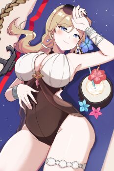 1girl absurdres anchor azur_lane bare_shoulders blonde_hair blue_eyes blush bracelet breasts cleavage coconut_cup commentary commission cowboy_shot earrings english_commentary erushira eyewear_on_head flower hair_flower hair_ornament hand_on_own_forehead hand_on_own_stomach highres hood_(azur_lane) hood_(lady_of_the_shining_sun)_(azur_lane) jewelry large_breasts long_hair lying necklace official_alternate_costume on_back outdoors ring smile sunglasses swimsuit thigh_strap vgen_commission wedding_ring