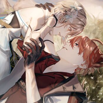 1boy 1girl ahoge arm_around_neck bare_shoulders black_gloves blonde_hair blue_eyes breasts brown_eyes collared_shirt detached_sleeves dress flower genshin_impact gloves hair_between_eyes hair_flower hair_ornament hand_in_own_hair highres jacket jacket_on_shoulders koto_hara looking_at_another lumine_(genshin_impact) medium_breasts parted_lips pinky_ring red_hair red_shirt shirt short_hair sideboob tartaglia_(genshin_impact) upper_body white_dress white_jacket