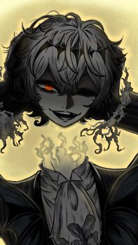 1boy black_crown crown diamond_hairband disembodied_head formal_clothes gloves highres jacket long_sleeves looking_at_viewer male_focus pinstripe_pattern pinstripe_suit round_eyewear severed_head short_hair skully_j._graves smile solo striped_clothes striped_jacket suit sunglasses the_nightmare_before_christmas twisted_wonderland user_usmx7248 vest white_hair