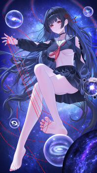 1girl arm_cutout arm_support ass bare_legs barefoot between_toes black_choker black_hair black_hole black_shirt black_skirt blunt_bangs breasts bubble chisa_(wuthering_waves) choker closed_mouth clothing_cutout collarbone commentary crop_top crossed_legs feet floating_hair full_body galaxy hair_ornament hair_ribbon hand_up high-waist_skirt highres holding holding_string invisible_chair legs long_hair long_sleeves longyu_(17767756) looking_at_viewer medium_breasts mole mole_under_eye nail_polish neckerchief pleated_skirt red_eyes red_nails red_neckerchief ribbon sailor_collar school_uniform shirt sidelocks sitting skirt sky smile soles solo space spread_toes star_(sky) starry_sky string string_around_finger tacet_mark_(wuthering_waves) thighs toenail_polish toenails toes underboob very_long_hair white_sailor_collar wuthering_waves
