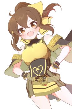 >:) 1girl armor bad_tag bare_shoulders belt boobplate bow bracelet breastplate breasts brown_eyes brown_hair cape clenched_hands commentary_request cowboy_shot delthea_(fire_emblem) dress dutch_angle fang fire_emblem fire_emblem_echoes:_shadows_of_valentia hair_bow hands_on_own_hips highres ikonaska jewelry long_hair medium_breasts nintendo open_mouth oppai_loli ponytail short_dress skin_fang solo thighs v-shaped_eyebrows white_background wind wind_lift