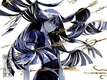 1other androgynous arrow_(projectile) black_necktie blue_hair blunt_bangs closed_mouth colored_skin crystal_hair floating_hair gem_uniform_(houseki_no_kuni) highres houseki_no_kuni lapis_lazuli_(houseki_no_kuni) long_hair looking_at_viewer mt5_014 necktie other_focus puffy_short_sleeves puffy_sleeves short_sleeves simple_background smile solo twitter_username watermark white_background white_skin