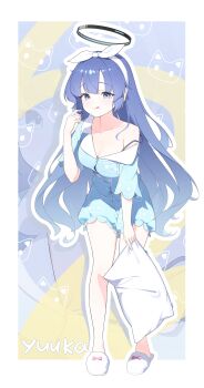 1girl :q absurdres animal_print aqua_pajamas armpits bare_legs blue_archive blue_eyes breasts cat_print character_name cleavage collarbone commentary full_body hairband halo highres holding holding_pillow incredibly_absurdres leaning_forward long_hair looking_at_viewer medium_breasts official_alternate_costume outline pajamas pillow purple_hair ryua_(user_kedz2257) single_bare_shoulder slippers smile straight_hair tongue tongue_out very_long_hair white_hairband white_outline white_slippers yuuka_(blue_archive) yuuka_(pajamas)_(blue_archive) zoom_layer