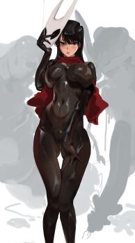 1girl absurdres black_bodystocking black_eyes black_hair blush bodystocking breasts bug cameltoe closed_mouth commentary cosplay covered_navel feet_out_of_frame gigantic_penis gluteal_fold hair_between_eyes hand_on_own_thigh hand_up highres holding holding_mask hollow_knight horned_mask hornet_(hollow_knight) hornet_(hollow_knight)_(cosplay) imminent_bestiality komi-san_wa_komyushou_desu komi_shouko large_breasts long_hair looking_at_viewer mamimi_(mamamimi) mask paid_reward_available penis raised_inner_eyebrows red_scarf scarf simple_background solo standing straight-on straight_hair swept_bangs thigh_gap white_background white_mask