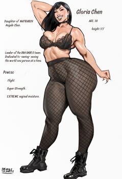 1girl absurdres artist_name asian ass black_boots black_bra black_choker black_hair boots bra breasts character_name choker closed_eyes english_text fishnet_pantyhose fishnets full_body gloria_chen_(magicmoonsarts) grin highres huge_ass magicmoonsarts medium_breasts original pantyhose simple_background smile solo underwear white_background