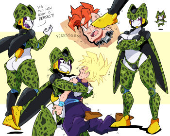 1girl 2boys :d android_16 ass bare_shoulders breasts brown_footwear cell_(dragon_ball) cleavage closed_mouth collarbone colored_skin dragon_ball dragonball_z english_text fangs foot_on_another's_face genderswap genderswap_(mtf) green_skin grin highres hug large_breasts mohawk multiple_boys navel open_mouth orange_hair perfect_cell scott_malin short_hair smile son_gohan spiked_hair super_saiyan super_saiyan_1 teeth tongue upper_teeth_only white_background white_skin wings yellow_background