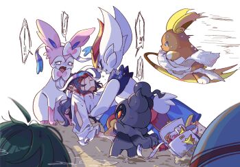 alolan_form alolan_raichu animal_ears bandages black_hair blood blood_on_face crying crying_with_eyes_open fainted flying gen_6_pokemon gen_7_pokemon highres legendary_pokemon marshadow mythical_pokemon nintendo on_ground panicking pariparihosiimo pokemon pokemon_(creature) revive_(pokemon) sad sylveon tail tears unconscious white_bag