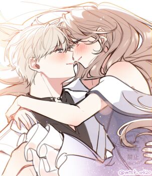 1boy 1girl arm_around_waist arms_around_neck bare_shoulders black_collar black_shirt blue_eyes blush brown_eyes brown_hair coat collar couple dress face-to-face grey_hair hetero highres long_hair looking_at_another love_and_deepspace mtsk_0420 off-shoulder_dress off_shoulder protagonist_(love_and_deepspace) shirt watermark white_background white_coat xavier_(love_and_deepspace)