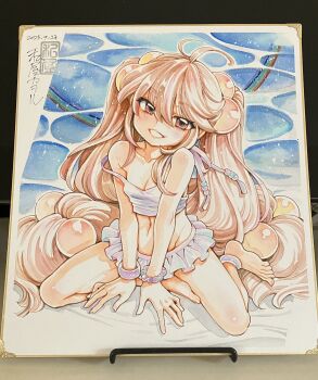 1girl ahoge anklet barefoot bead_bracelet beads bikini bikini_skirt bracelet breasts brown_eyes brown_hair commentary_request dated feet grin hair_between_eyes hair_bobbles hair_ornament highres jewelry kodomo_no_jikan kokonoe_rin long_hair looking_at_viewer navel photo_(medium) rainbow seal_impression single_off_shoulder sitting small_breasts smile solo strap_slip swimsuit toes traditional_media very_long_hair watashiya_kaworu water white_bikini yokozuwari