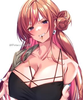 1girl amakano between_breasts black_dress blue_nails breasts chocolate chocolate_on_body chocolate_on_breasts cleavage collarbone dress earrings food food_in_mouth food_on_body grey_jacket grin hair_bun highres jacket jewelry large_breasts long_hair looking_at_viewer multicolored_hair orange_hair pink_hair pocky pocky_in_mouth potassium_oh purple_eyes simple_background smile solo streaked_hair teeth tsutamachi_chitose two-tone_hair upper_body v-shaped_eyebrows very_long_hair white_background