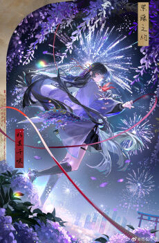 1girl absurdres baofandxy black_hair black_serafuku black_skirt building chinese_commentary chisa_(wuthering_waves) city_lights commentary_request eyeshadow fireworks flower haori highres japanese_clothes long_hair looking_at_viewer makeup night purple_flower purple_haori red_eyes red_eyeshadow red_ribbon ribbon school_uniform serafuku skirt skyscraper solo standing thigh_strap torii watermark weibo_watermark wuthering_waves