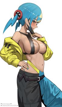 1girl aqua_hair baggy_pants bare_shoulders belt black_belt black_mask blonde_hair blue_eyes blush breasts canari_(pokemon) commentary covered_erect_nipples criss-cross_straps dark-skinned_female dark_skin ekuskarma highres jacket large_breasts long_sleeves mask mask_pull mouth_mask multicolored_hair navel nintendo open_clothes open_jacket open_mouth pants parted_lips pokemon pokemon_legends:_z-a pulling_own_clothes ring_light_reflection short_twintails simple_background smile solo split-color_hair teeth twintails two-tone_hair two-tone_mask two-tone_pants white_background yellow_jacket yellow_mask