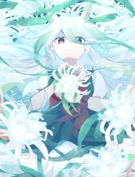 Rule 34 | 1girl, brown eyes, cowboy shot, dress, ex-keine, eyes visible through hair, flower, green dress, green hair, highres, holding, holding flower, horns, kamishirasawa keine, light particles, long hair, long sidelocks, multicolored hair, neckerchief, puffy short sleeves, puffy sleeves, red neckerchief, renge kanatsuki, short sleeves, sidelocks, smile, solo, sparkle, spider lily, touhou, two-tone hair, very long hair, white flower, white hair, white sleeves