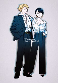 1boy 1girl alternate_costume alternate_hairstyle arm_around_waist arm_on_another&#039;s_shoulder bare_shoulders black_eyes black_hair black_pants black_shoes black_suit blonde_hair blue_eyes boruto:_two_blue_vortex collarbone commentary_request earrings facial_mark film_grain flat_chest formal_clothes glasses hand_in_pocket high_heels highres hoop_earrings jewelry naruto_(series) one_eye_closed onka_(aun_ka28) pants scar scar_across_eye scar_on_face shoes short_hair suit twitter_username uchiha_sarada uzumaki_boruto whisker_markings