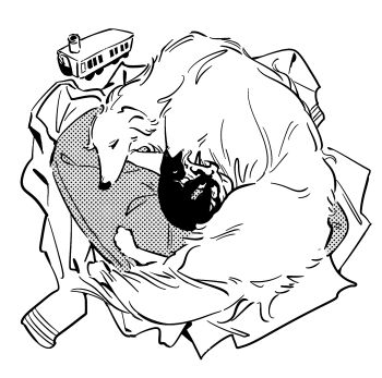 Rule 34 | animalization, borzoi, cat, chinese commentary, closed eyes, coat, commentary request, dante (limbus company), dated commentary, dog, faust (project moon), fire, flame-tipped tail, greyscale, highres, ivy (675671), limbus company, mephistopheles (project moon), monochrome, project moon, simple background, tail