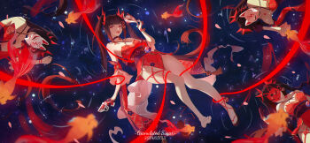 Rule 34 | 1girl, absurdres, artist name, bare shoulders, bell, black choker, black hair, breasts, brown hair, choker, cleavage, commentary request, criss-cross halter, dated, detached sleeves, dress, fish, flower tattoo, fox mask, from above, gloves, goldfish, gun, halterneck, handgun, highres, honkai: star rail, honkai (series), japanese clothes, long hair, looking at viewer, lying, lying on water, mark under both eyes, mask, multiple persona, neck bell, on back, petals, petals on liquid, red dress, red eyes, red ribbon, red sleeves, reflection, reflective liquid, revolver, ribbon, ripples, shatang405, shoes, single glove, single shoe, snubnosed revolver, sparkle (honkai: star rail), tattoo, twintails, very long hair, weapon