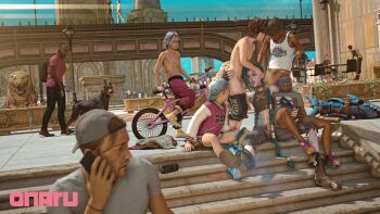 1girl 3d 6+boys after_fellatio age_difference anaru arcane:_league_of_legends arcane_jinx artist_name backwards_hat beanie bicycle blue_hair bottomless braid braided_ponytail breasts clothed_female_nude_male clothes_pull dark-skinned_male dark_skin day dog erection female_pervert fingerless_gloves glasses gloves handjob hat hetero highres jinx_(league_of_legends) league_of_legends long_hair multiple_boys nipples nude outdoors pants pants_pull pectorals penis pervert public_indecency saliva saliva_trail shota small_breasts small_penis stairs tank_top tattoo testicles topless_male zenra