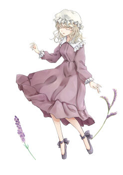 1girl ankle_cuffs blonde_hair breasts closed_eyes collar dress flower flower_request frills hair_between_eyes hat highres long_dress long_sleeves maribel_hearn mob_cap open_mouth poteimo_(poteimo622) purple_dress purple_shoes shoes short_hair simple_background touhou white_background white_collar white_hat