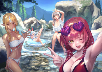4girls ;d absurdres alternate_costume animal_ears bikini bikini_under_clothes black_bikini blonde_hair blue_bikini blue_sky braid braided_ponytail breasts cleavage cloud cropped_shirt dark-skinned_female dark_skin day double-parted_bangs elf eyewear_on_head flat_chest green_eyes grey_hair hair_bun heart heart-shaped_eyewear highres hololive hololive_fantasy houshou_marine large_breasts long_hair long_sidelocks looking_at_viewer low_ponytail low_twintails medium_breasts multicolored_hair multiple_girls navel one_eye_closed open_mouth orange_eyes outdoors pointy_ears ponytail qdx4p rabbit_ears rabbit_girl red_bikini red_hair selfie shiranui_flare shirogane_noel shirt short_hair_with_long_locks side-tie_bikini_bottom sidelocks single_hair_bun sky smile stomach strapless strapless_bikini streaked_hair sunglasses swimsuit twintails usada_pekora v virtual_youtuber waving white_bikini white_shirt yellow_eyes
