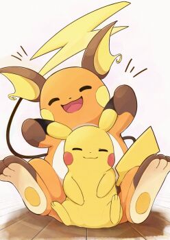 :3 animal_focus closed_eyes closed_mouth evolutionary_line facing_viewer floor full_body gen_1_pokemon nintendo no_humans on_floor open_mouth orange_fur pikachu pokemon pokemon_(creature) pokemon_focus raaaichupudding raichu simple_background sitting smile tail wooden_floor