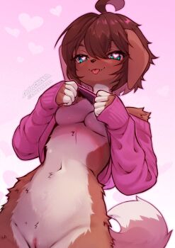 animal_ears breast_press breasts brown_fur brown_hair coffeechicken dog_ears dog_girl dog_tail furry furry_female green_eyes highres kess_(coffeechicken) medium_breasts nude original pink_background pussy tail tongue tongue_out