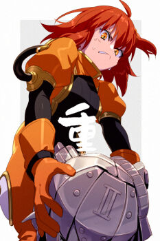 2girls ahoge black_bodysuit bodysuit breasts echo_(circa) elizabeth_bathory_(fate) fate/grand_order fate_(series) fujimaru_ritsuka_(female) fujimaru_ritsuka_(female)_(captain_chaldea) gloves gold_trim mecha_eli-chan_mk.ii_(fate) medium_breasts multiple_girls one_side_up orange_bodysuit orange_eyes orange_gloves orange_hair robot_girl short_hair spacesuit translation_request