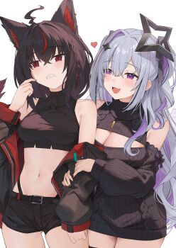 Rule 34 | 2girls, :d, ahoge, amane konata, animal ear fluff, animal ears, aran sweater, averting eyes, black hair, black halo, black jacket, black ribbon, black shirt, black shorts, black streaks, black sweater, black thighhighs, blush, braid, breasts, cable knit, cleavage, cleavage cutout, clothing cutout, colored inner hair, commentary request, cropped shirt, dark persona, extra ears, feathered wings, fox ears, fox girl, fox tail, grey hair, hair between eyes, hair ribbon, halo, halter shirt, halterneck, hand up, highleg, highleg panties, highres, hololive, jacket, jewelry, kaguya (srx61800), kurokami fubuki, large breasts, locked arms, long hair, long sleeves, looking at another, medium breasts, midriff, mini wings, multicolored hair, multiple girls, navel, necklace, off shoulder, open mouth, panties, panty straps, puffy long sleeves, puffy sleeves, purple eyes, purple hair, red eyes, red streaks, ribbon, sharp teeth, shirt, short shorts, shorts, shoulder cutout, side braid, single braid, single hair intake, smile, star halo, streaked hair, sweater, tail, teeth, thighhighs, turtleneck, turtleneck sweater, two side up, underwear, virgin killer sweater, virtual youtuber, white background, wings, yuri