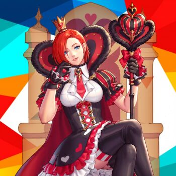 1girl blue_eyes breasts cape chair corset crossed_legs dress female_focus gloves heart highres looking_at_viewer medium_breasts queen red_hair short_hair sitting skirt socks staff the_king_of_fighters thighs throne vanessa_(kof) wonderland